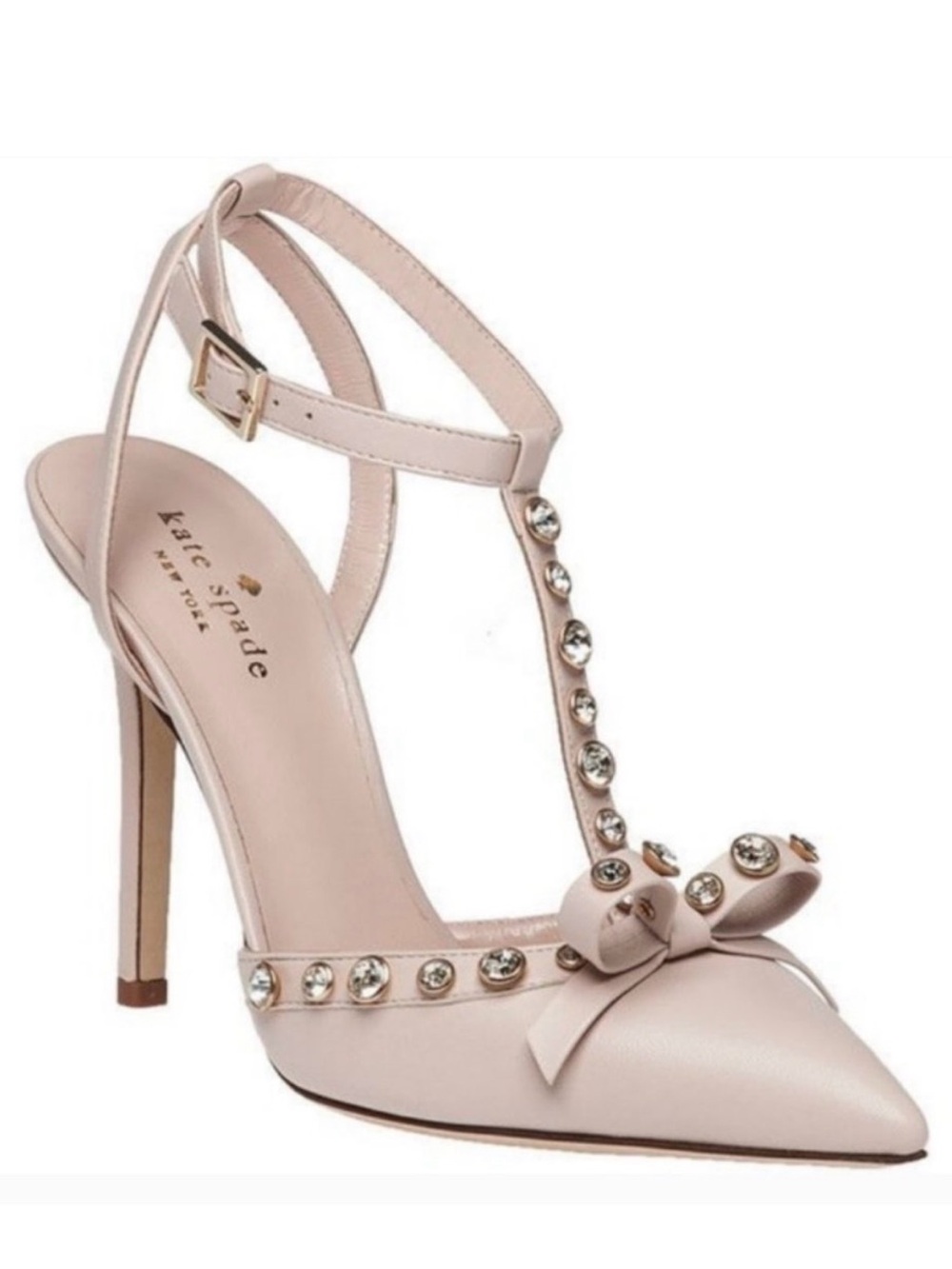 Kate Spade Blush Crystal T-Strap Pointed Pump with Bow